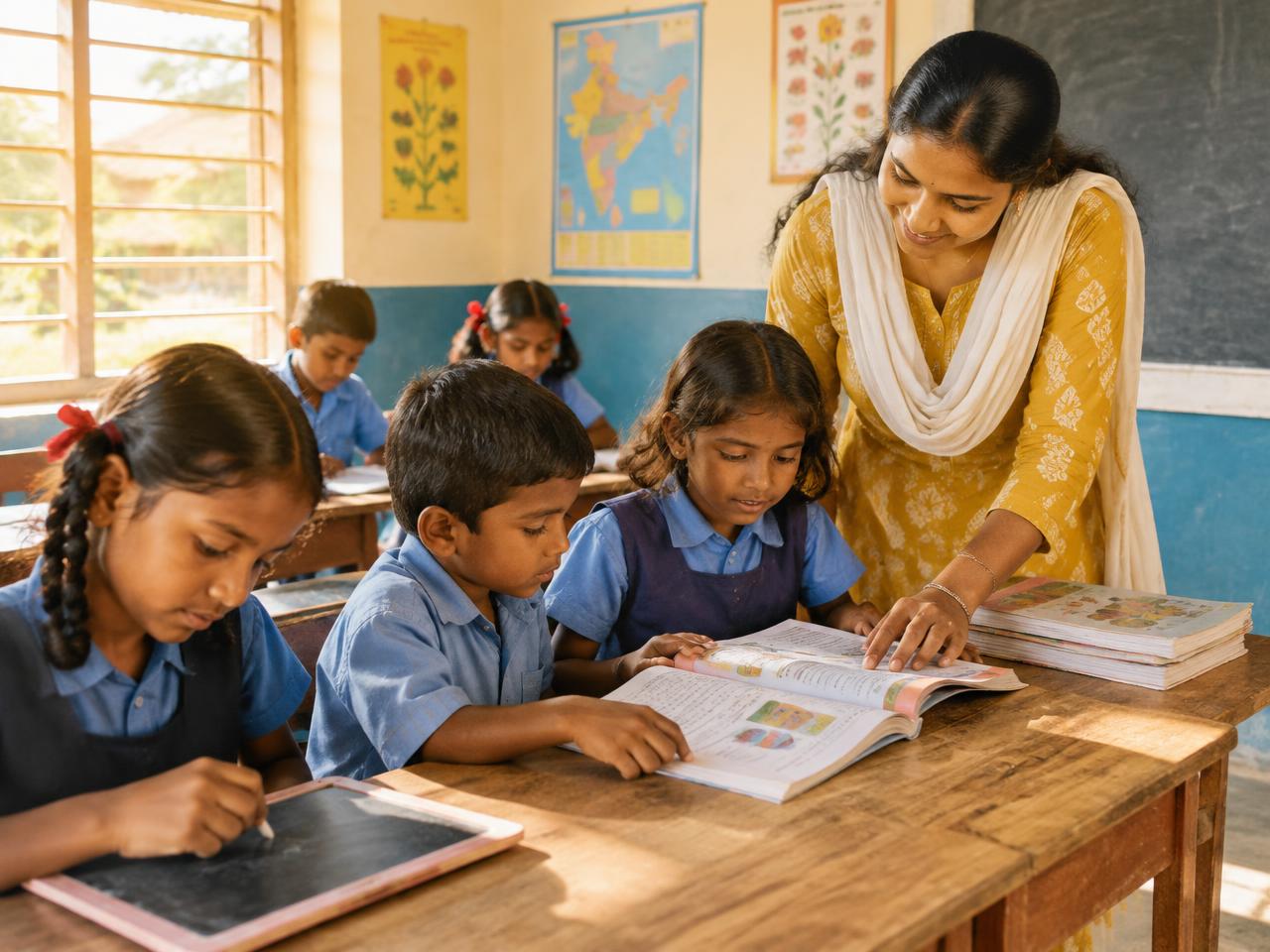 Children learning in a classroom with their teacher