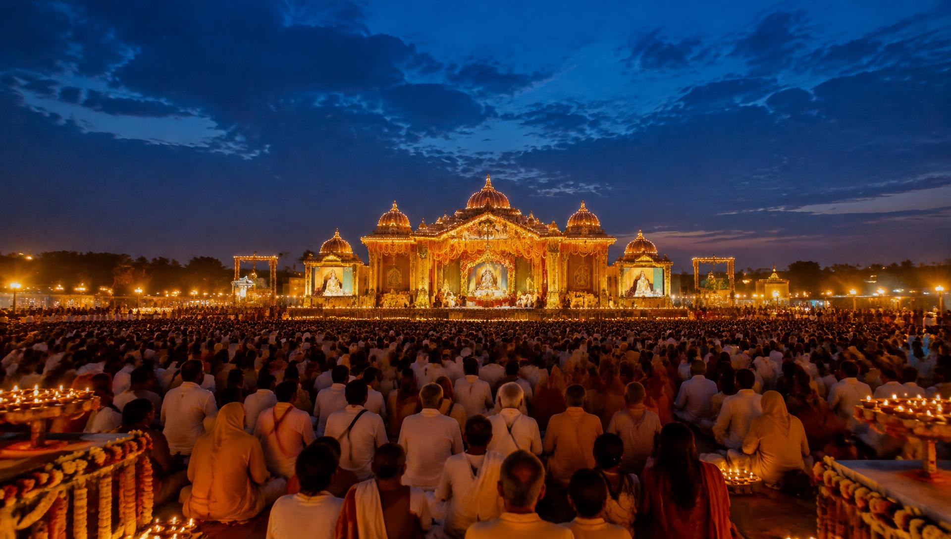 Devotees gathered at dusk before an illuminated katha stage