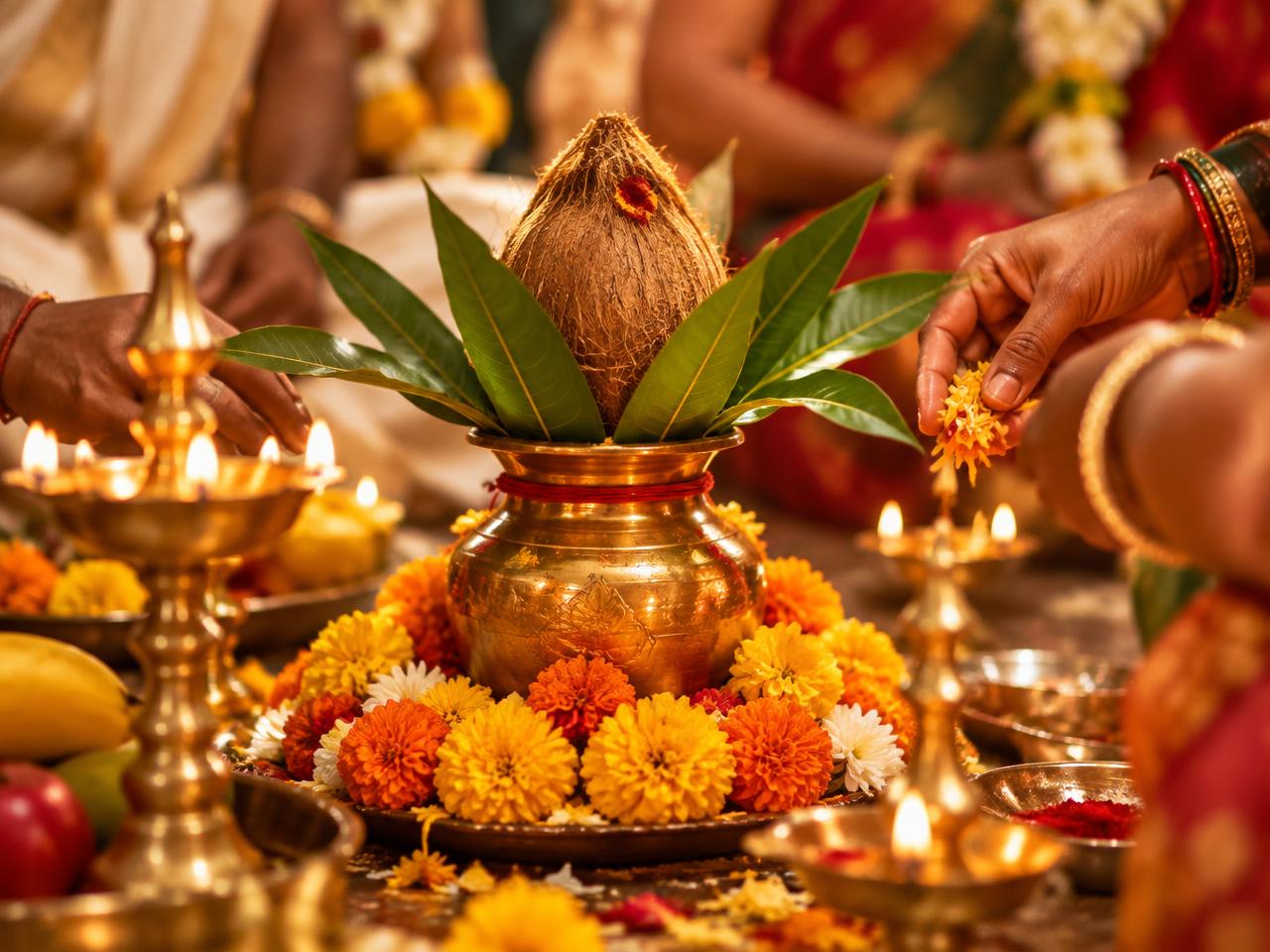 Brass kalash with mango leaves, coconut and marigolds during pooja