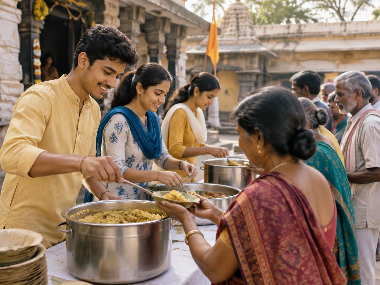 Young volunteers serving prasad in a temple courtyard
