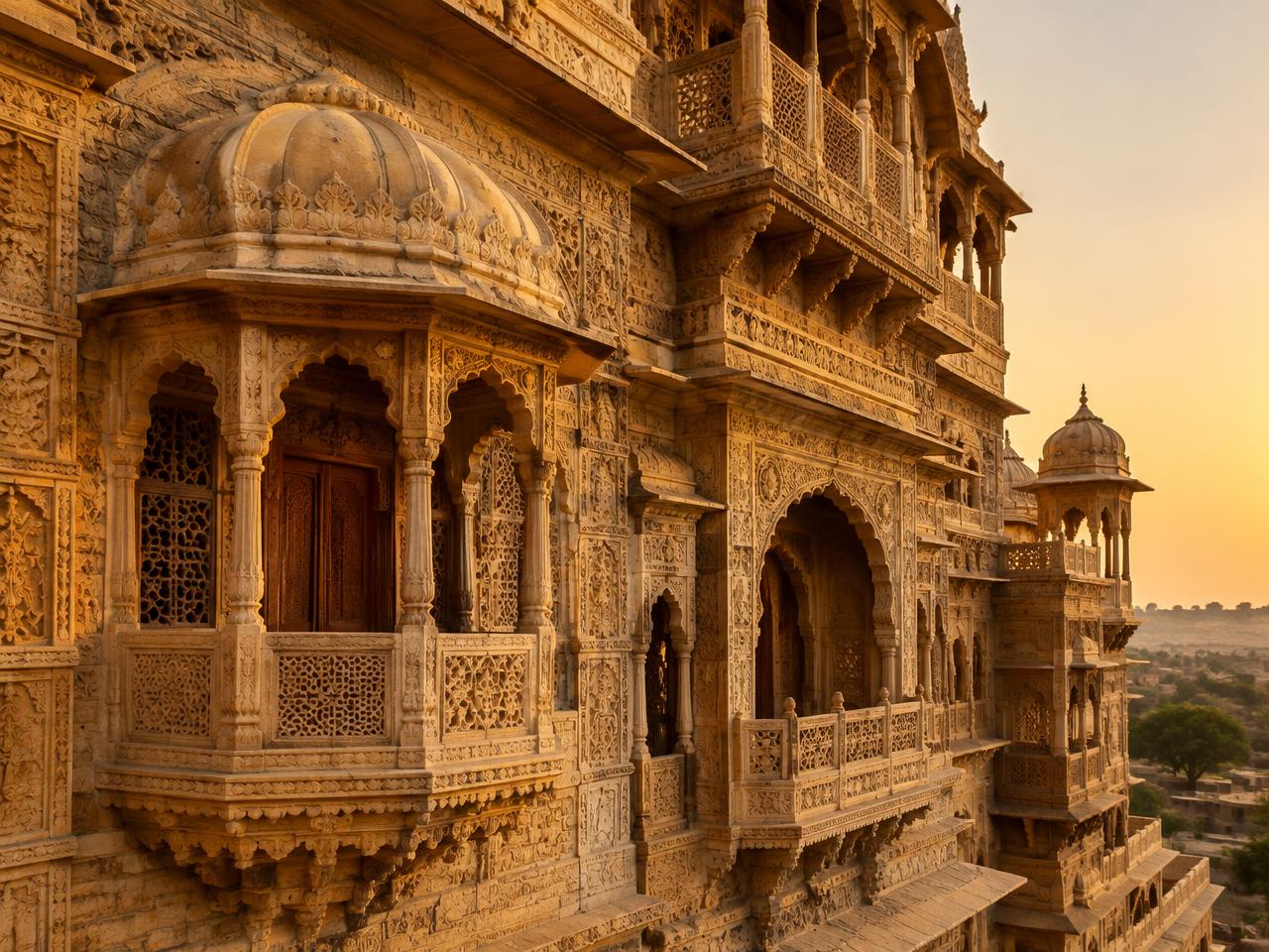 Carved sandstone haveli facade at golden hour